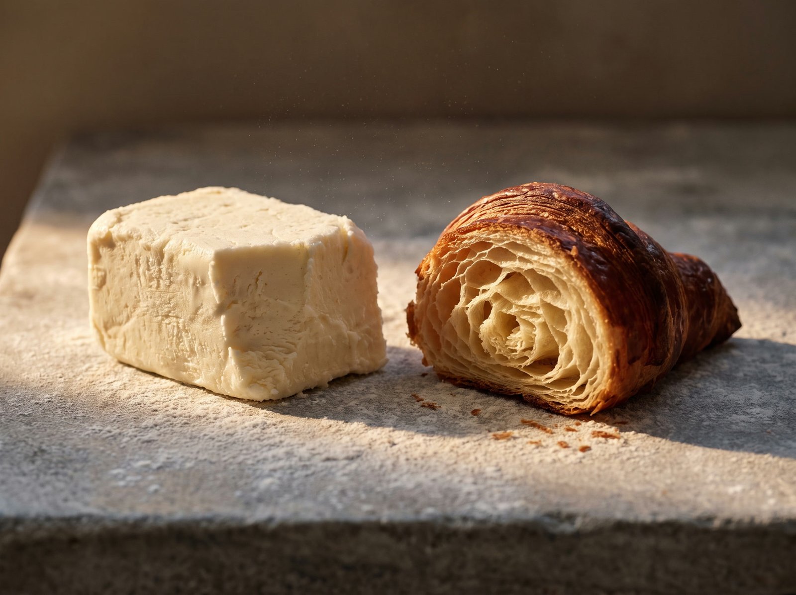 Un bloc de beurre fermier et un croissant ouvert montrant ses feuilles.