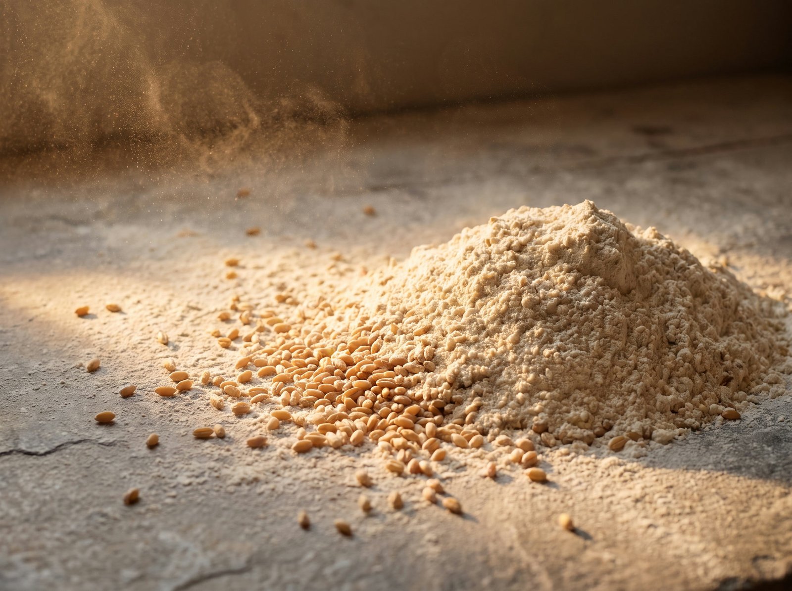 Un tas de farine de blé et des grains répandus sur la pierre farinée.