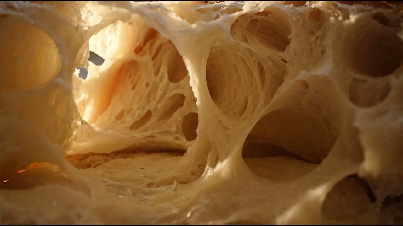 Gros plan sur la mie ouverte d'un pain au levain, alvéoles inégales et parois fines.