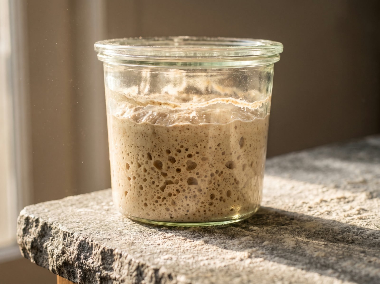 Un bocal de levain en pleine activité, plein de bulles de tailles différentes.