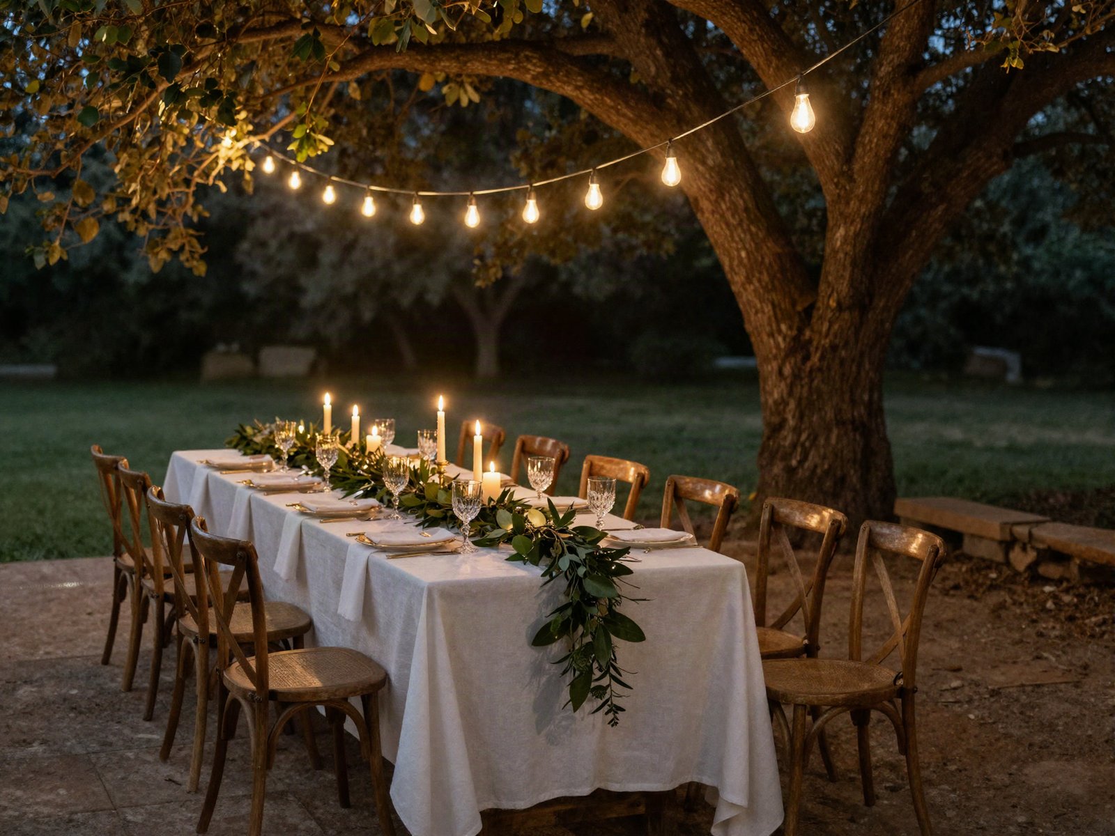 Table de mariage dressée sous des guirlandes lumineuses